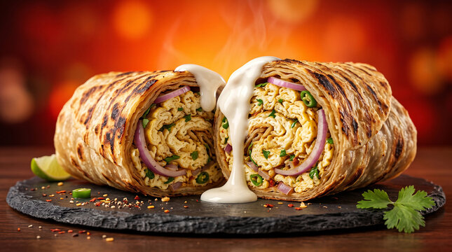 Hot Egg Paratha Roll Sliced in Halves Drizzled with Creamy Mayo Sauce and Fresh Onions