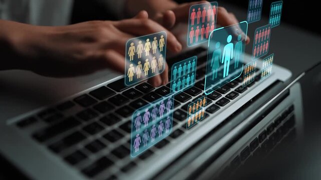 Hands Typing on Laptop with Digital Human Figures and Data Visualization Concepts Representing Virtual Communication and Networking in Modern Technology. Entropy.
