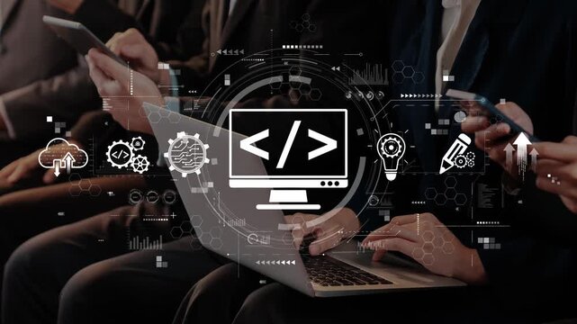 A group of professionals engaging in a technology conference, using laptops and smartphones, surrounded by digital icons illustrating coding, data analysis, and innovation. Raster