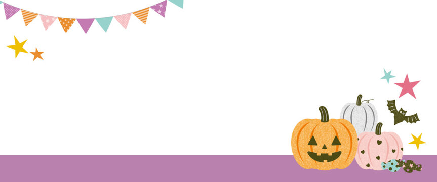Cute Halloween vector banner with pumpkins, cupcakes, bats, and garlands