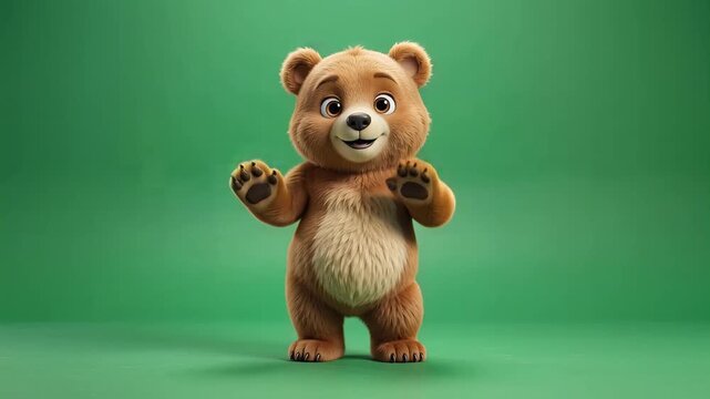 Dancing bear character performing a happy walk on a green background