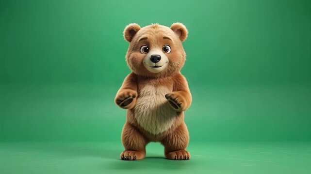 Cute brown dancing bear performing happy steps on green screen