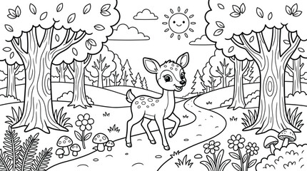 Fototapeta premium Cute deer in forest path coloring page vector