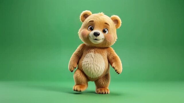 Cute fluffy dancing bear performing fun movements on a green background