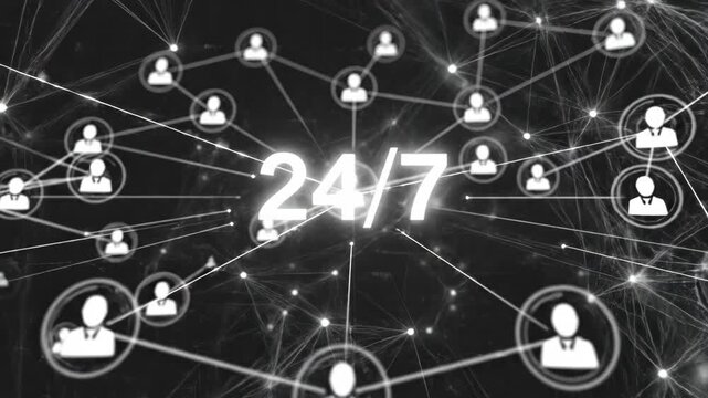 Glowing 24/7 text on dark digital network background