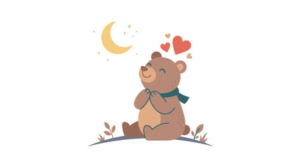 Fototapeta premium Cute cartoon bear looking at moon and hearts at night