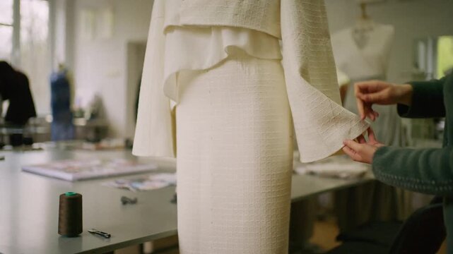 Seamstress fitting elegant white tweed jacket on mannequin in studio during design process.
