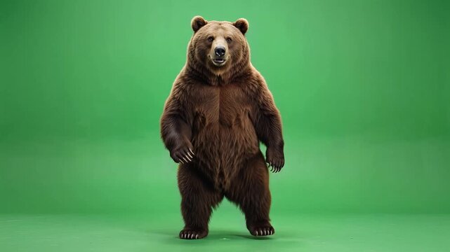 Large brown dancing bear performing on a green screen background