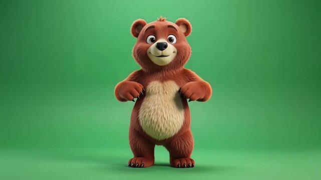 Happy 3d cartoon dancing bear walking and moving on green screen