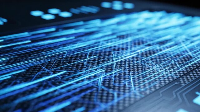 Glowing blue lines and data flow on futuristic circuit board texture