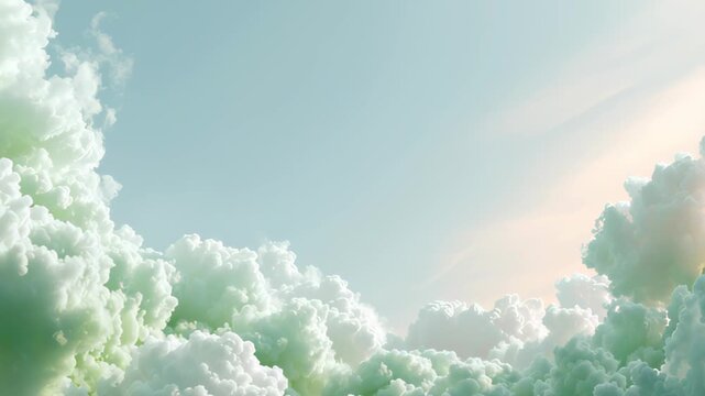 4k footage of fluffy white cumulus clouds under pastel mint and blue sky