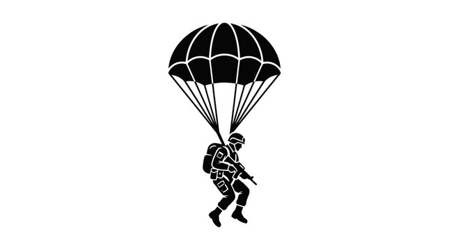 Military paratrooper silhouette descending with parachute and rifle
