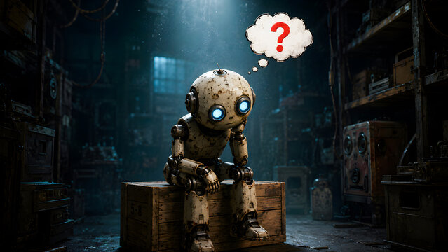 Confused small robot with question mark bubble, lonely mechanical character in dark workshop, sad rusty droid sitting on wooden crate