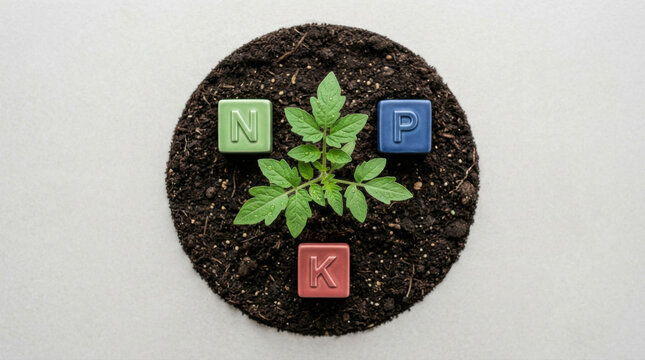 Overhead view of a tomato seedling growing in a round patch of soil framed by nitrogen, phosphorus and potassium fertilizer cubes on gray