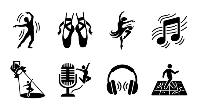 Set of black icons representing dance music and performing arts activities.