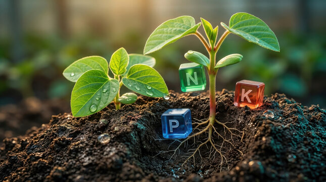 Young seedlings with exposed roots in rich soil beside glowing nitrogen, phosphorus and potassium cubes showing root nutrient uptake