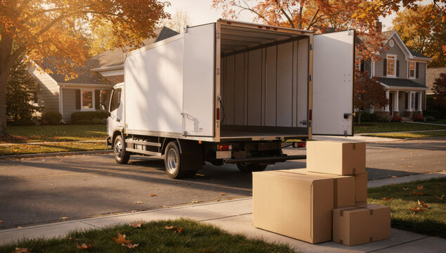 Open moving truck parked on a suburban street with cardboard boxes on the curb during an autumn home relocation day