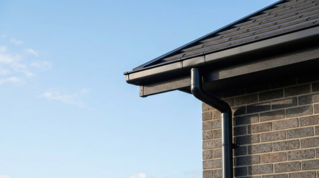 New black gutter and downpipe on a modern brick house roofline with wide blue sky copy space for roofing service adverts