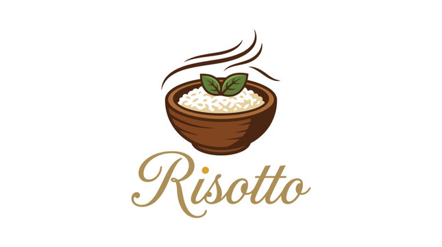 Steaming bowl of creamy risotto vector illustration featuring fresh herbs for culinary branding and restaurant design