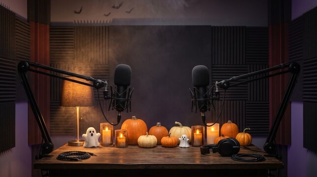 Halloween podcast studio setup with microphones pumpkins candles and spooky atmosphere, halloween