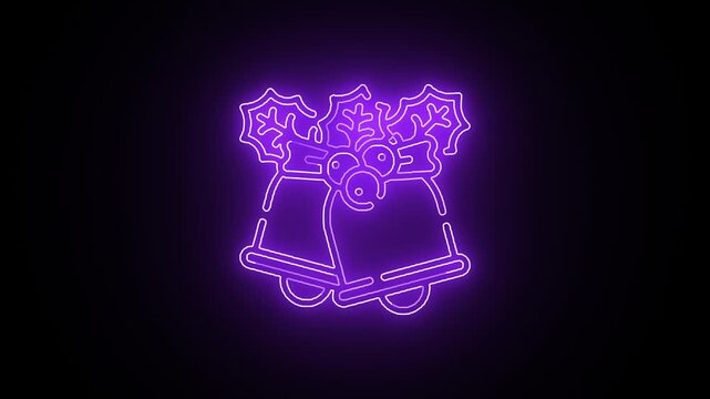 Neon purple jingle bells icon animation on black background, glowing outline sign seamless loop for festive ads, intros, overlays and holiday motion graphics