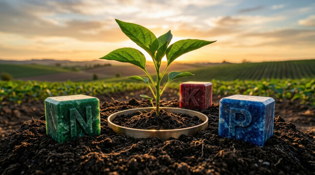 Young seedling in dark soil surrounded by nitrogen, phosphorus and potassium blocks with rolling farmland at golden sunset