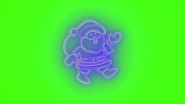  Neon Santa waving icon animation on green screen, chroma key glowing purple outline seamless loop for editing, holiday ads, overlays and motion graphics