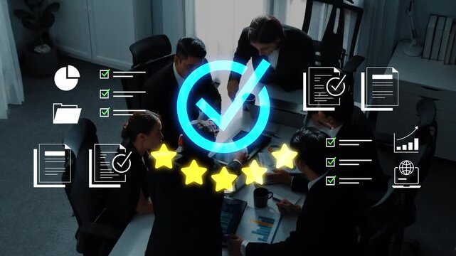 Business Team Collaboration with Visual Symbols of Success and Analysis in Modern Conference Room Setting for Professional Growth and Strategy Development Gluon.