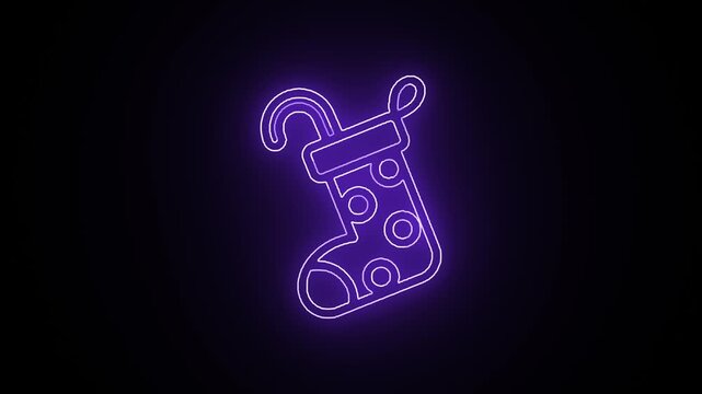 eon Christmas stocking icon animation on black background, glowing purple outline sign seamless loop for holiday promos, overlays, greeting videos and motion graphics