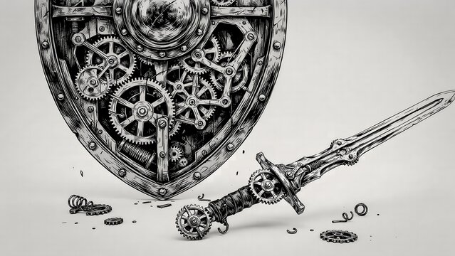 Steampunk shield and sword with steampunk mechanics illustration hardware