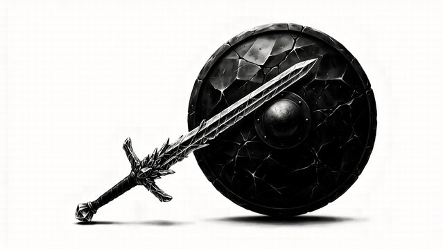 Round shield and sword medieval weaponry sketch with medieval, historic