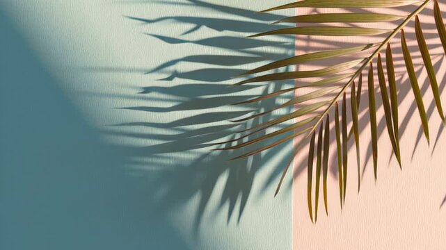 4k footage of palm tree leaf shadows dancing on pastel split color wall