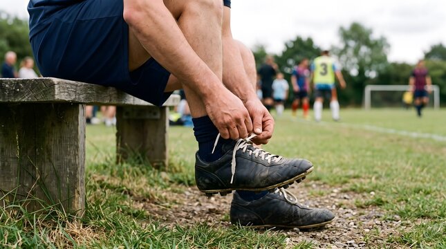 Soccer player tying cleats on bench before game on grassy field