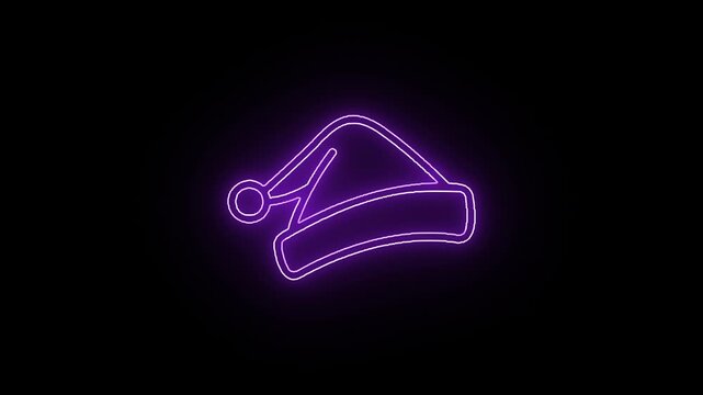 Neon purple Santa hat outline icon animation on black background, glowing Christmas sign seamless loop for holiday promos, intros, overlays and festive motion graphics