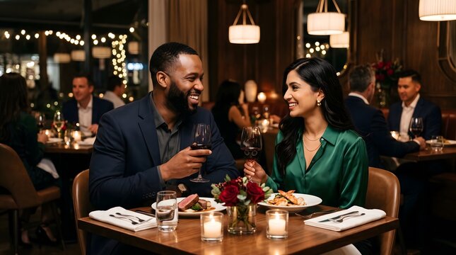 Couple enjoys romantic dinner date at upscale restaurant with wine and food