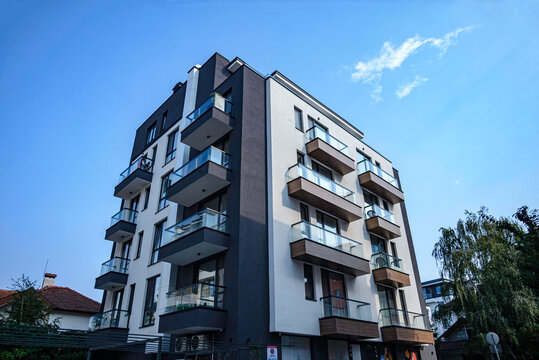 Sofia, Bulgaria - 18 AUGUST 2026: Residential and office buildings in a newly built neighborhood in Sofia, Bulgaria