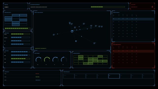 Military intelligence interface for defense explainer, showing a central multi sensor track correlation map, blue green monitoring panels and red alert queues. Animation loops seamlessly