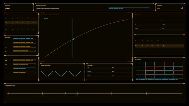 Military targeting HUD for war documentary graphics, with interceptor trajectory, launch timeline, data panels and cyan, amber and red accents on black animation loops seamlessly