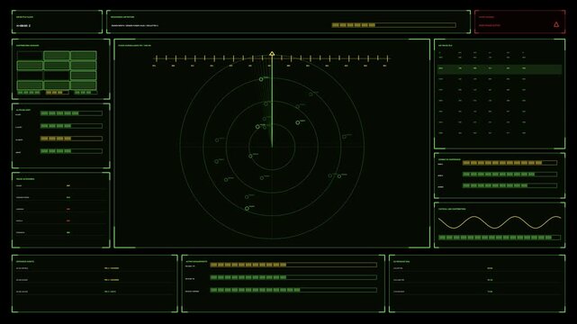 Military targeting HUD for war documentary graphics, a seamless looping radar display with air track markers, range rings, and data panels in a green yellow tactical palette