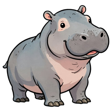 Chubby Hippo Character: A charming and friendly hippopotamus drawn in a cartoon style, with a wide smile and playful expression, ready for an adventure.