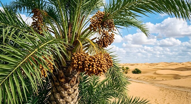 close up of fruiting date palms against a desert background