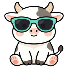 Naklejka premium Cool Cow Cartoon: A cute cartoon cow wearing sunglasses and a happy expression, sitting down, perfect for fun designs and children's themes.