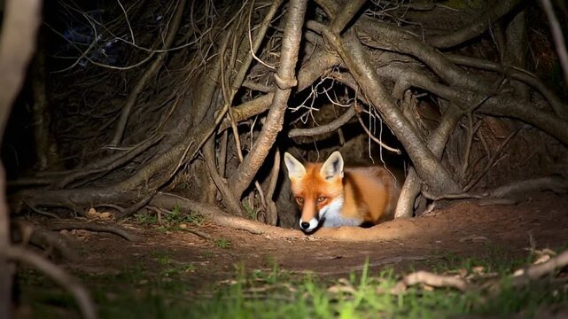 Red Fox Hiding in Den Under Tree Roots at Night, Wildlife Photography