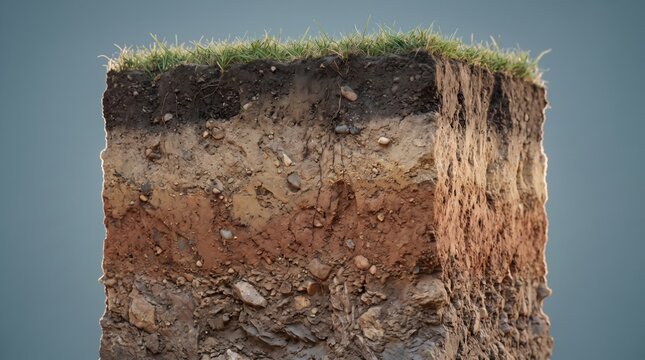 Soil profile cross section showing layers of earth humus subsoil bedrock beneath green grass turf