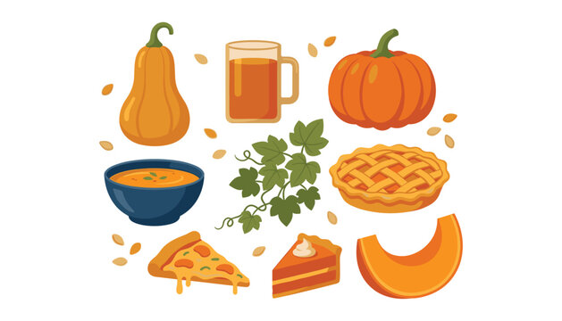 Autumn pumpkin food collection vector set with fresh pumpkins pie soup pizza slice drink mug leaves and seeds isolated flat cartoon illustrations