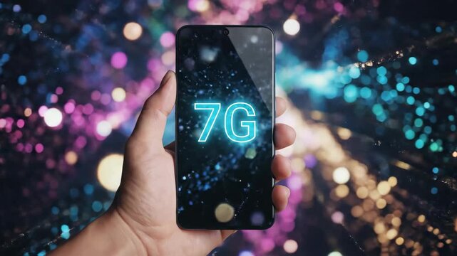 Hand holds smartphone displaying 7G against vibrant bokeh background
