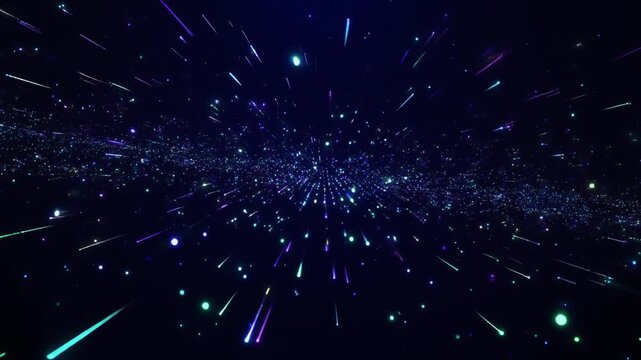 Futuristic interstellar travel through a vibrant cosmic galaxy with glowing stars and glowing light streaks