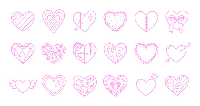 Cute Pink Line Art Hearts Set Vector Icons