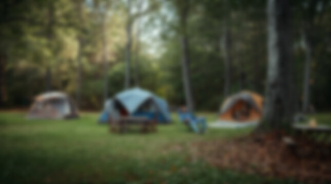 Defocused view of tents set up at a campsite in a green forest.