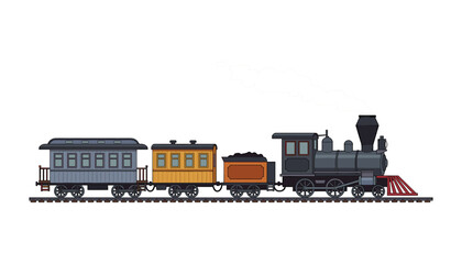 Vintage steam train vector illustration with classic locomotive coal car and passenger wagons isolated on white background © Monzurul